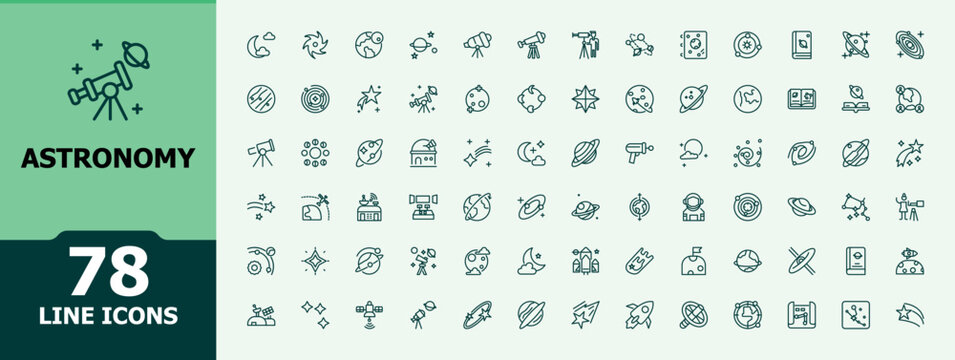 Astronomy icon set. Pack of cosmos, universe, space, galaxy and more. Vector icons collection. Galaxy related icon. Pixel perfect. Minimalist editable vector.