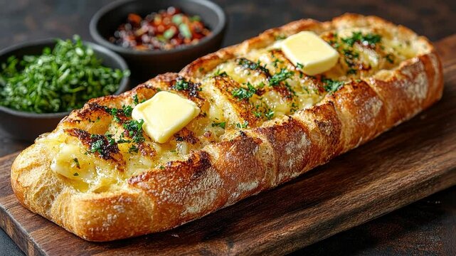 Gourmet garlic bread topped with herbs and butter