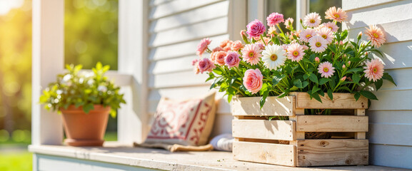 Delicate pastel flowers in wooden crate on farmhouse porch, cozy ambiance