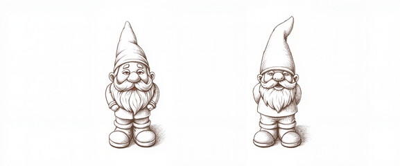 Detailed ceramic garden gnome illustration, whimsical vintage charm