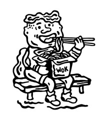 Black and white vector illustration of a young boy eating oriental wok noodles with chopsticks on a white isolated background