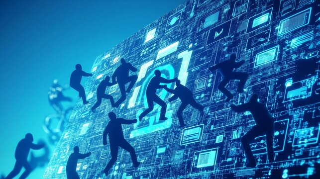 Stick figures pushing a massive digital icon across a web page, symbolizing teamwork and user interaction in UI design