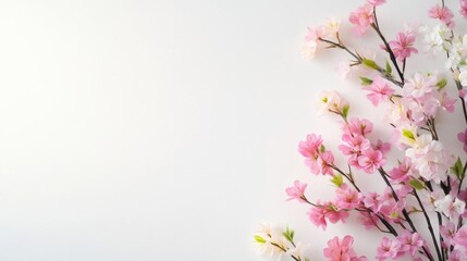 Fototapeta premium Delicate pink cherry blossoms in full bloom against a soft white background, close-up composition with natural light, and floral beauty concept.