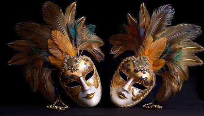 a pair of elaborate venetian masquerade masks adorned with feathers and jeweled accents are displayed against a black backdrop