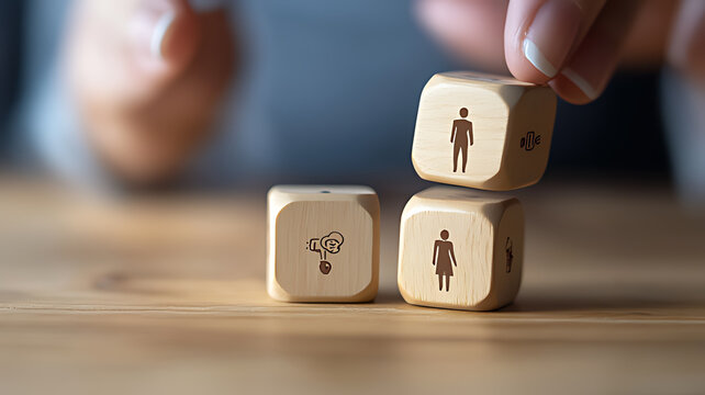 Hand adjusting wooden dice with gender icons, symbolizing relationship choices. Close-up view of a hand carefully positioning wooden dice, each displaying a male and female icon.