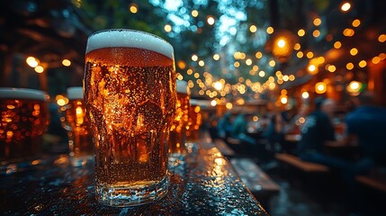 Golden Brews and Social Bliss: A crystal glass of golden ale, frothy and inviting, is set against a vibrant backdrop of a lively pub. The scene is a perfect embodiment of joy and fellowship.