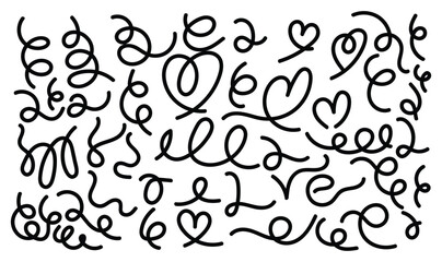 Hand-drawn doodle heart elements with swirls and lines in vector format. Perfect for romantic cards, love-themed decorations, and whimsical design projects or illustrations.
