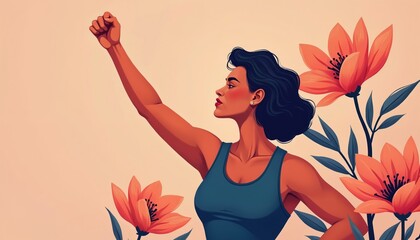 Illustration of assertive woman with raised fist. Empowerment strength independence. Female character with floral details. Confident stance represents success. Inspirational art about feminism,