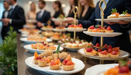 Luxury office catering event. Finger foods on table, men, women in formal business clothing talking, serving food. Bright lighting, various snack platters. Buffet, canapes for corporate meeting.