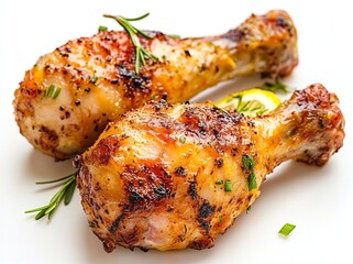 Two delicious roasted chicken drumsticks, seasoned with herbs,  perfectly grilled to a golden brown. A culinary delight!