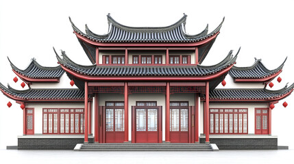 Obraz premium Traditional Chinese architecture with red and black details on white background