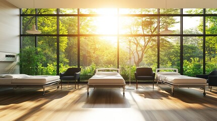 Fototapeta premium modern hospital room with panoramic windows, showing an outdoor forest scene and sunlight streaming in, bright atmosphere for patients to relax during their illness, tranquil healthcare environment
