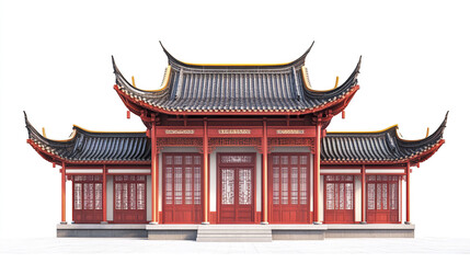 Fototapeta premium Traditional Chinese architecture with red and black details on white background