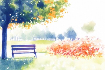 Obraz premium Serene park scene with bench and vibrant foliage in watercolor style