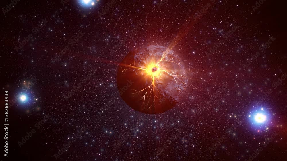 Wall mural dying alien planet glowing in deep space, 3d rendering