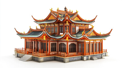 Fototapeta premium Traditional Chinese architecture with ornate details on white background