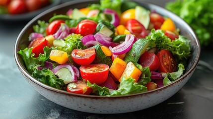 Fresh salad bowl with colorful vegetables on marble countertop, symbolizing a healthy and vibrant lifestyle.