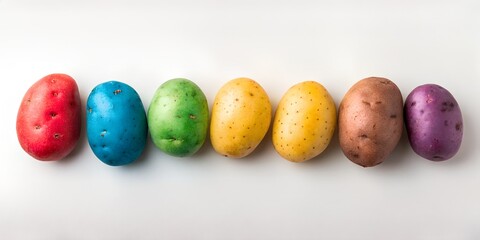Colorful potatoes on a white background. Potatoes for Easter holiday.