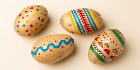 Easter potatoes on a plain background. Potatoes painted with artistic patterns.