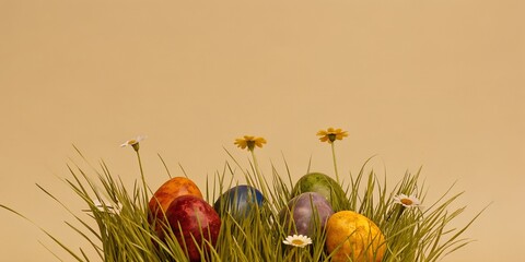 Easter potatoes hidden in the grass with spring floral decorations. Multicolored potatoes for the holiday.