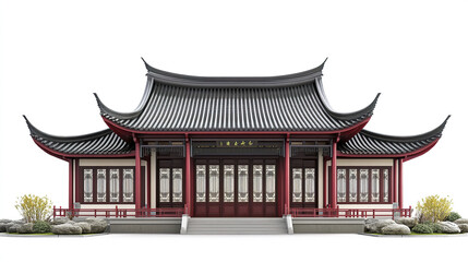 Fototapeta premium Traditional Chinese house with curved roof and red accents on white background