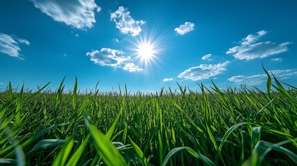 Fototapeta premium Expansive grassy field with a low horizon and bright sun shining through a sky filled with clouds