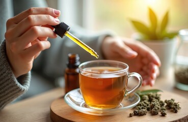 Woman adding CBD oil drop from pipette into tea cup. Anti stress alternative medicine. Healthy lifestyle. Cannabidiol extract, cannabis wellness therapy. Relaxing home treatment. Natural herbal