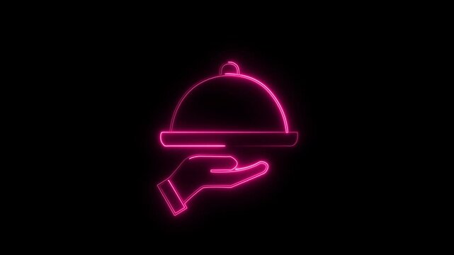 Glowing neon line Covered with a tray of food icon isolated on brick wall background. Tray and lid sign. Restaurant cloche with lid. Colorful outline concept.