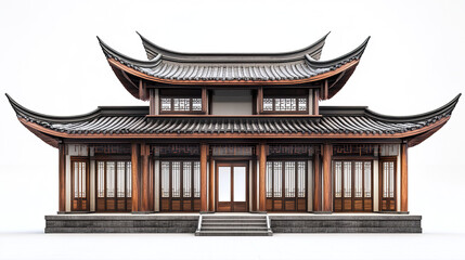 Obraz premium Traditional Chinese house with curved roof and wooden details on white background