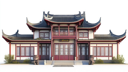 Obraz premium Traditional Chinese architecture with ornate roof design on white background
