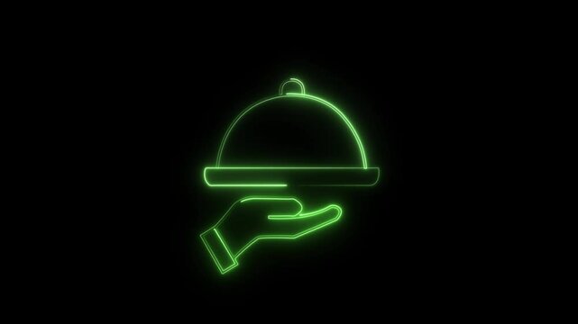 Glowing neon line Covered with a tray of food icon isolated on brick wall background. Tray and lid sign. Restaurant cloche with lid. Colorful outline concept.