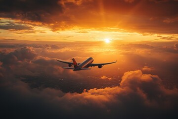 Passenger Airplane Flying Above Clouds During Sunset Sky With Golden Sunlight