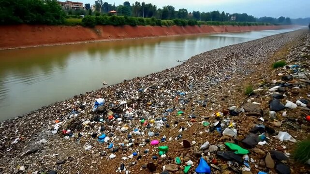 Plastic and Garbage Waste Spread Across Riverbank with Red Soil and Forest in Background Showing Environmental Damage and Water Pollution Crisis
