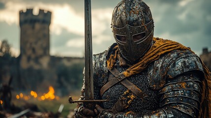 Fototapeta premium Knight with Sword in Battlefield