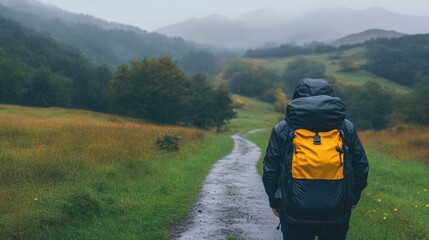 Solo hiker on a misty mountain path