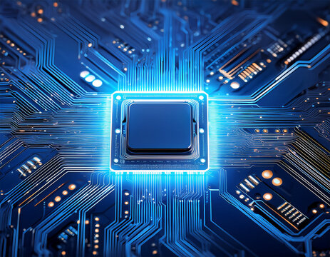 closeup of a central processing unit on a blue circuit board with glowing connections - Powered by Adobe