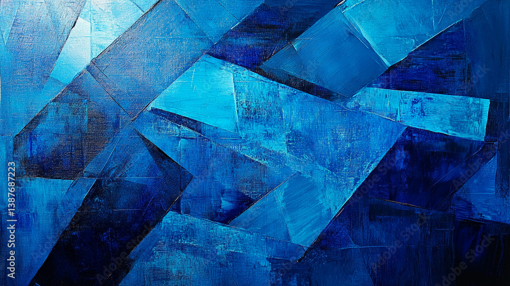 Poster abstract blue painting with textured brushstrokes creating geometric shapes, showcasing depth and mo