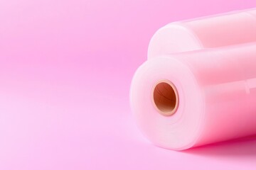 Rolled pink plastic sheeting on a pink background