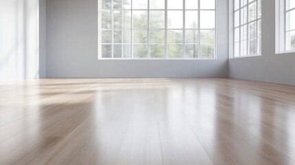 Fototapeta premium Light hardwood floors fill a bright, minimalist room. Large windows offer natural light, illuminating the space. The walls are a neutral gray. The image is high-quality, with even lighting. The sty