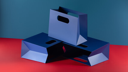 Mockup of a blue paper luxury bag with a handle cut inside the wall
