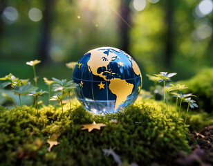 picture of a glass globe with csrd etched on it resting on a bed of moss surrounded by small gold stars representing the eu s corporate sustainability reporting directive