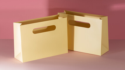 Mockup of a yellow paper luxury bag with a handle cut inside the wall