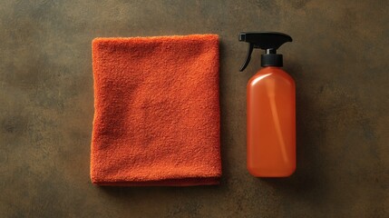 Orange cloth towel and spray bottle against a textured backdrop, suggestive of cleaning or household maintenance.
