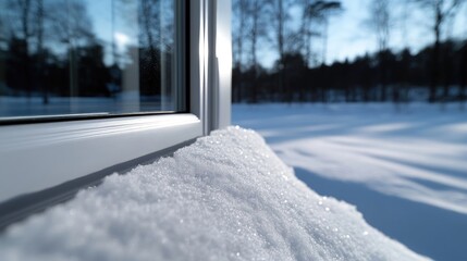 Snowy windowsill, winter day