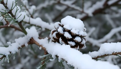 pine cone covered in snow on a tree branch