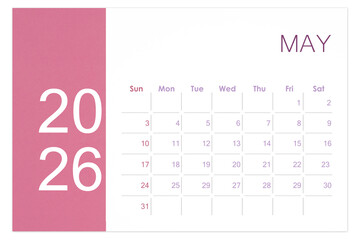 May 2026 Blank calendar page isolated on white background.