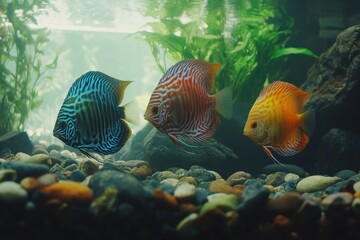 Three Colorful Discus Fish Swim Gracefully in an Aquarium