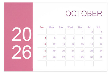 October 2026 Blank calendar page isolated on white background.