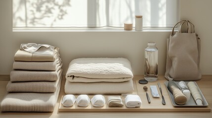 Minimalist home essentials arranged in warm earthy tones for sustainable and simple living inspiration.