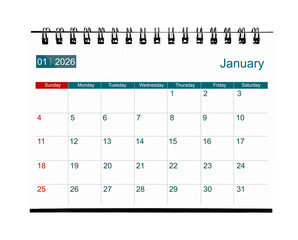 January 2026 calendar. Page of the annual business desk month calendar isolated on white.